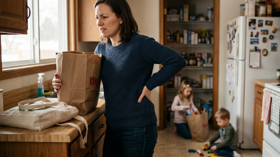 Chiropractic Adjustment in Decorah, IA Woman with back pain in the kitchen with groceries.