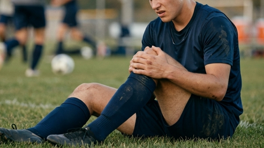 Knee Pain Relief in Decorah, IA Athlete holding their knee during a soccer game while seeking knee pain relief in Decorah, IA.