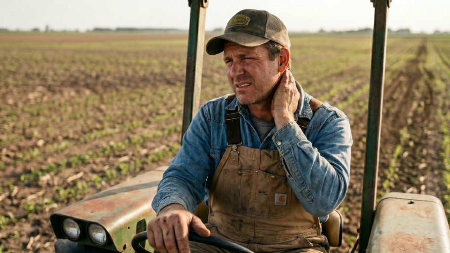 Neck Pain Relief in Decorah, IA Farmer experiencing neck discomfort while sitting on a tractor, seeking neck pain relief in Decorah, IA.