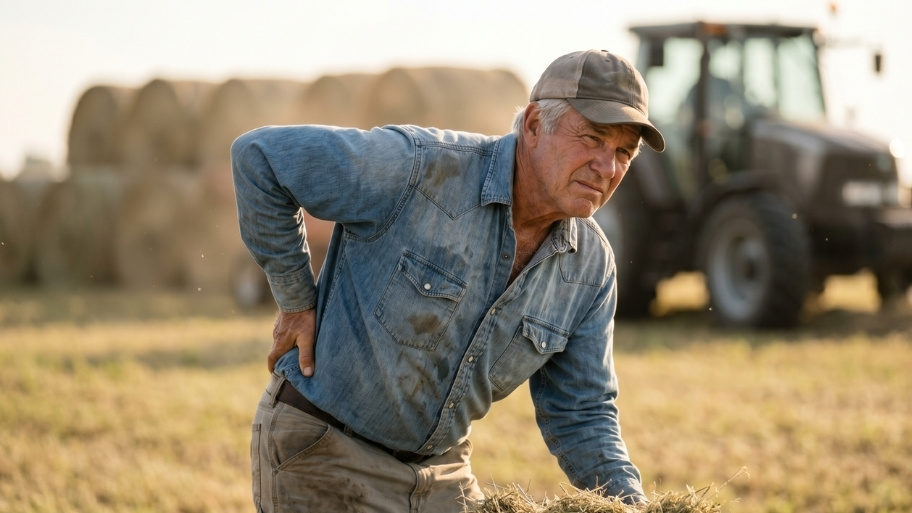 Sciatica Pain Relief in Decorah, IA Farmer holding his lower back while working in a field, seeking sciatica pain relief in Decorah, IA.