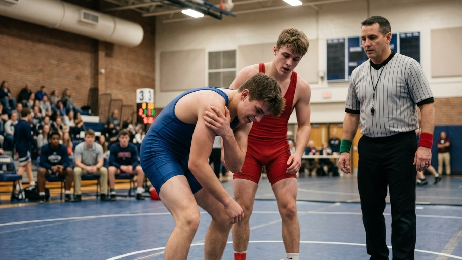 Sports Injury Clinic for Student Athletes in Decorah, IA High school wrestler holding his shoulder after an injury during a match while being evaluated by an official, highlighting Sports Injury Clinic care for athletic injuries.